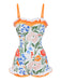 Multicolor 1960s Painted Floral Bandeau One-Piece Swimsuit - vintage swimsuit, pin-up style
