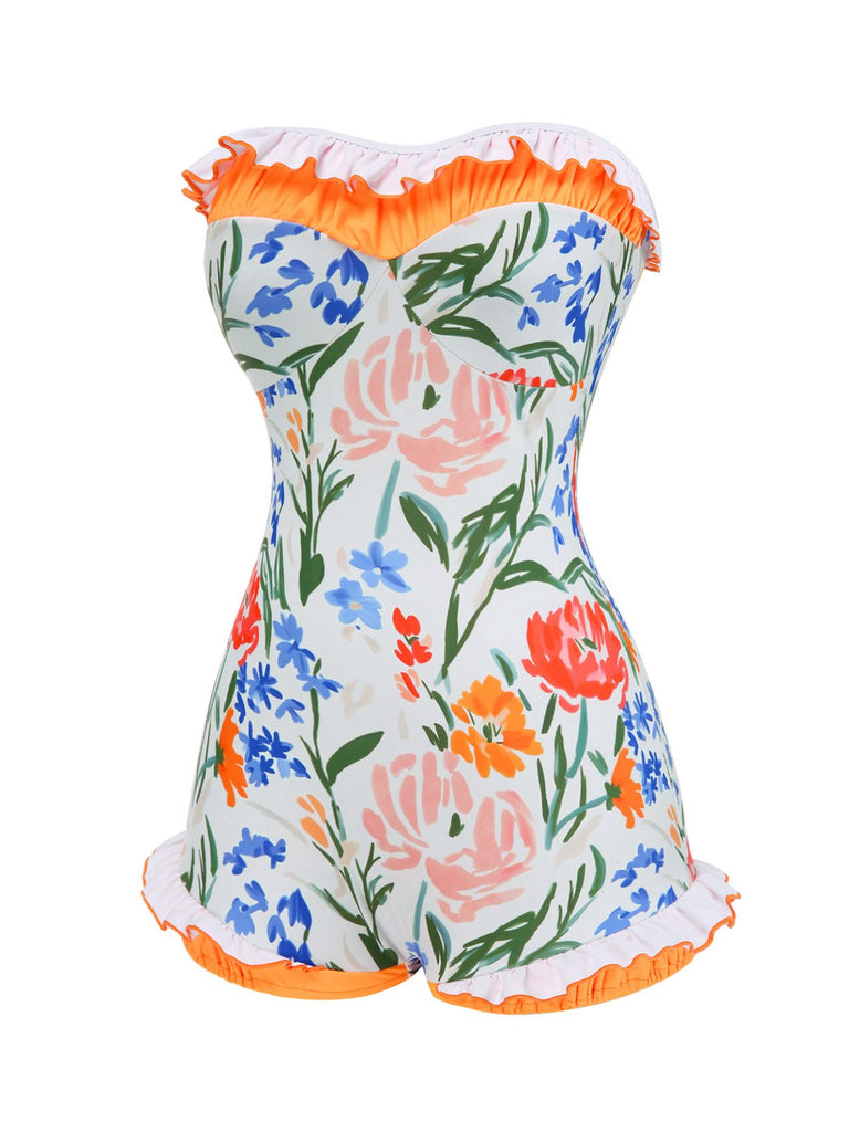 Multicolor 1960s Painted Floral Bandeau One-Piece Swimsuit - vintage swimsuit, pin-up style