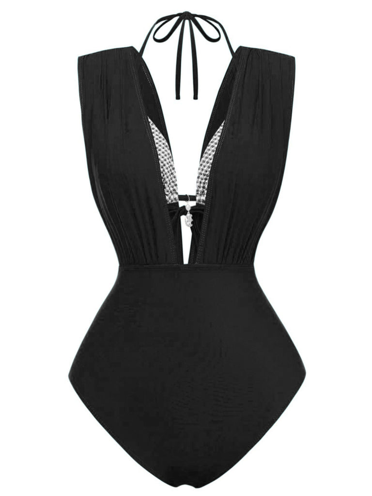 1960s Plaid Halter Bikini Top & Plunging Ruched Swimsuit - vintage swimsuit, pin-up style