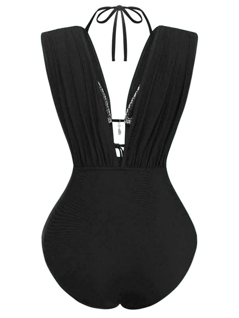 1960s Plaid Halter Bikini Top & Plunging Ruched Swimsuit - vintage swimsuit, pin-up style