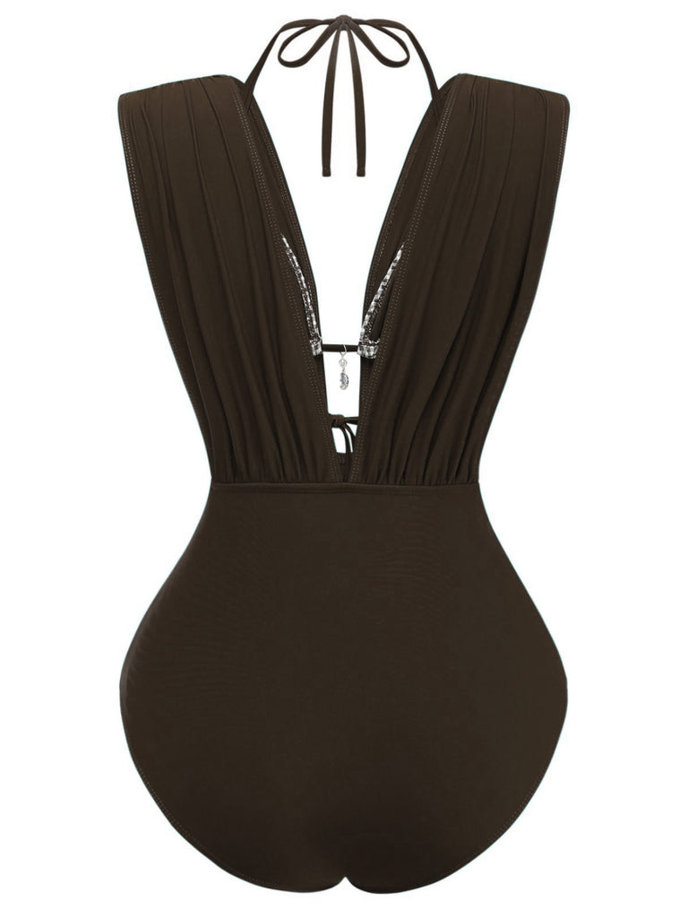 1960s Plaid Halter Bikini Top & Plunging Ruched Swimsuit - vintage swimsuit, pin-up style