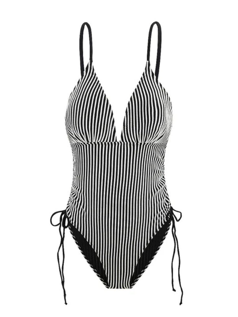 1960s Spaghetti Strap Contrast Stripes One-Piece Swimsuit - vintage swimsuit, pin-up style