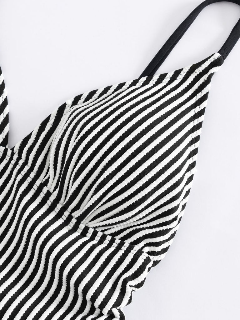 1960s Spaghetti Strap Contrast Stripes One-Piece Swimsuit - vintage swimsuit, pin-up style