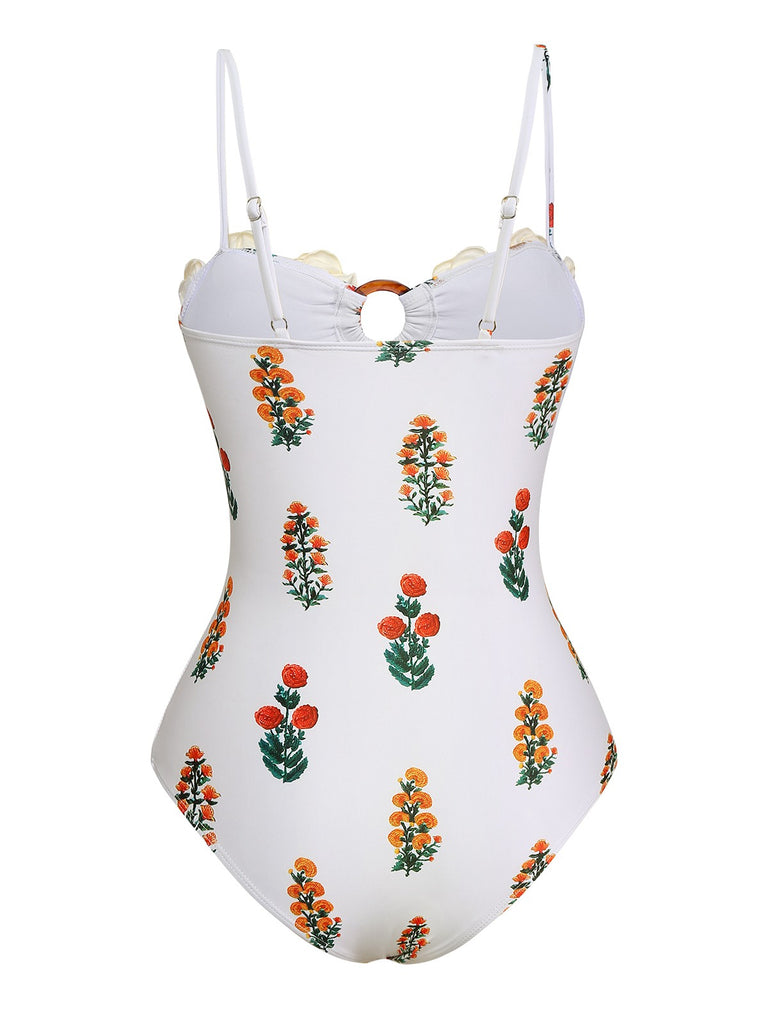White 1960s 3D-Flower Spaghetti Straps One-Piece Swimsuit - vintage swimsuit, pin-up style, pure white