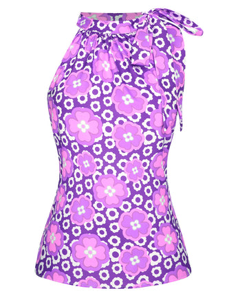 1960s Tie Neck Floral Sleeveless Top, vintage top, retro blouse - perfect for women who love vintage and retro fashion