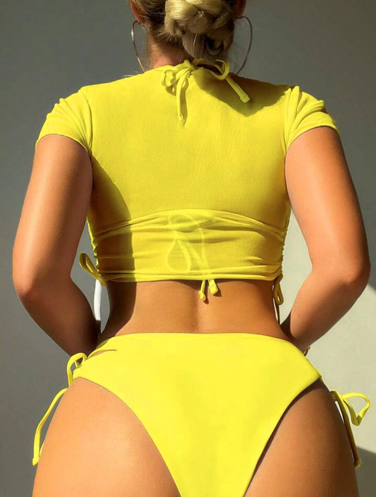 1960s Tropical Beach Drawstring Bikini Set & Sheer Top - vintage fashion, retro style