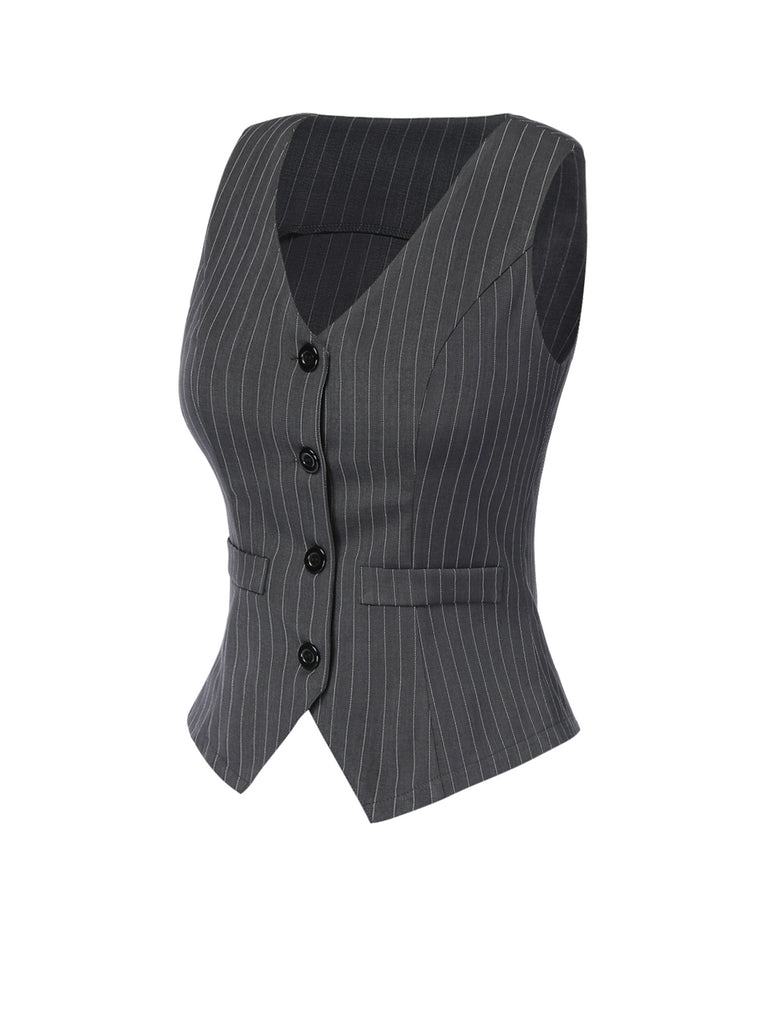 Dark 1960s V-Neck Pinstripes Sleeveless Top - vintage fashion, retro style