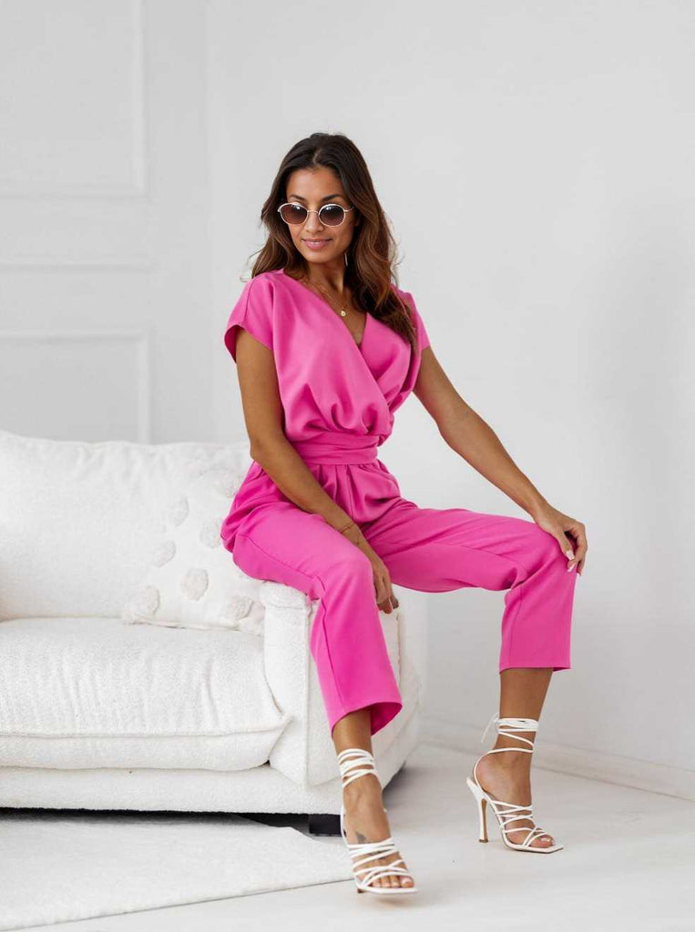 1960s V-Neck Belted Solid Jumpsuit: 1960s detail work for the woman who notices