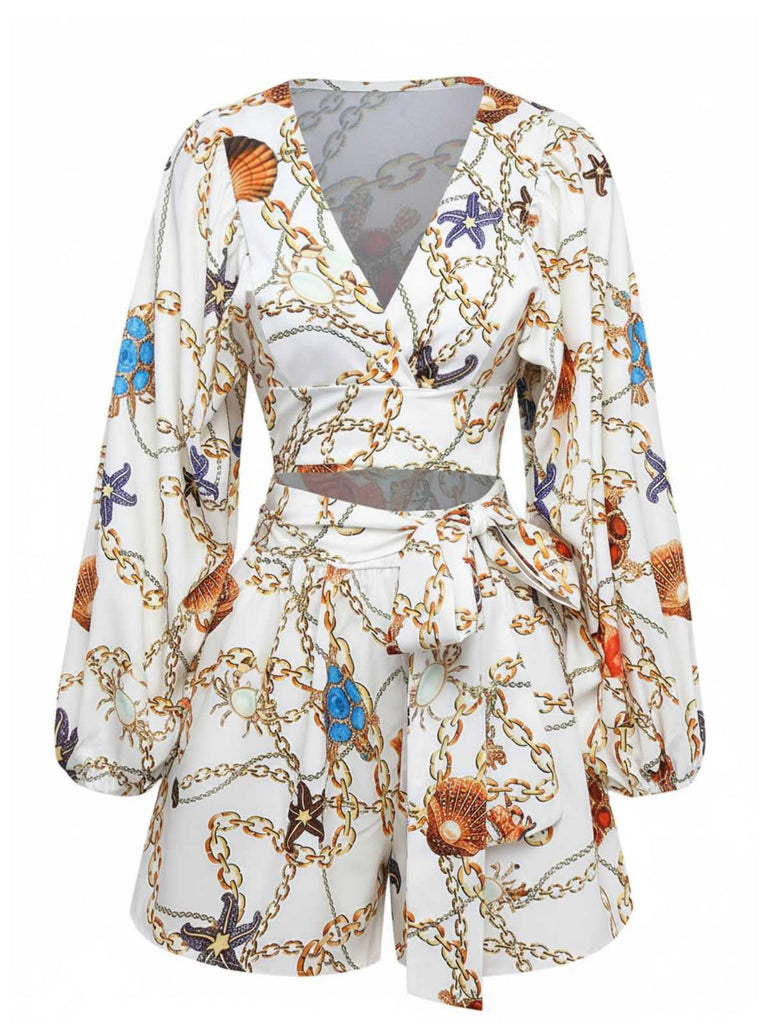 1960s V-Neck Chain Seashell Waist Cutout Romper - vintage jumpsuit, retro fashion