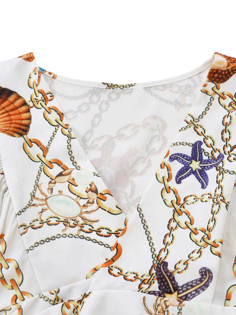 1960s V-Neck Chain Seashell Waist Cutout Romper - vintage jumpsuit, retro fashion