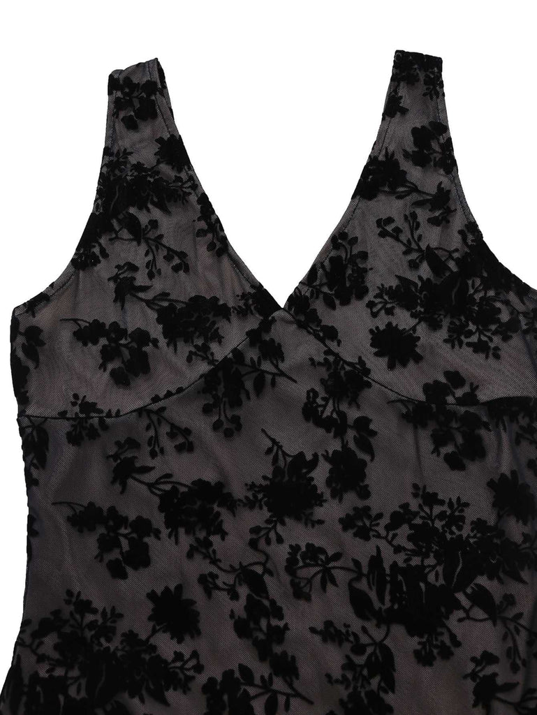1960s V-Neck Floral Flocked Mesh Ruffle Hem Dress - vintage dress, retro fashion