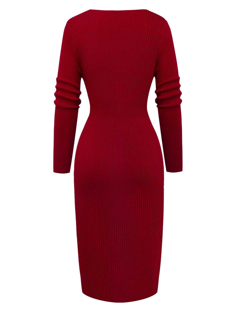 1960s V-Neck Ribbed Knit Button Bodycon Dress - vintage dress, retro fashion