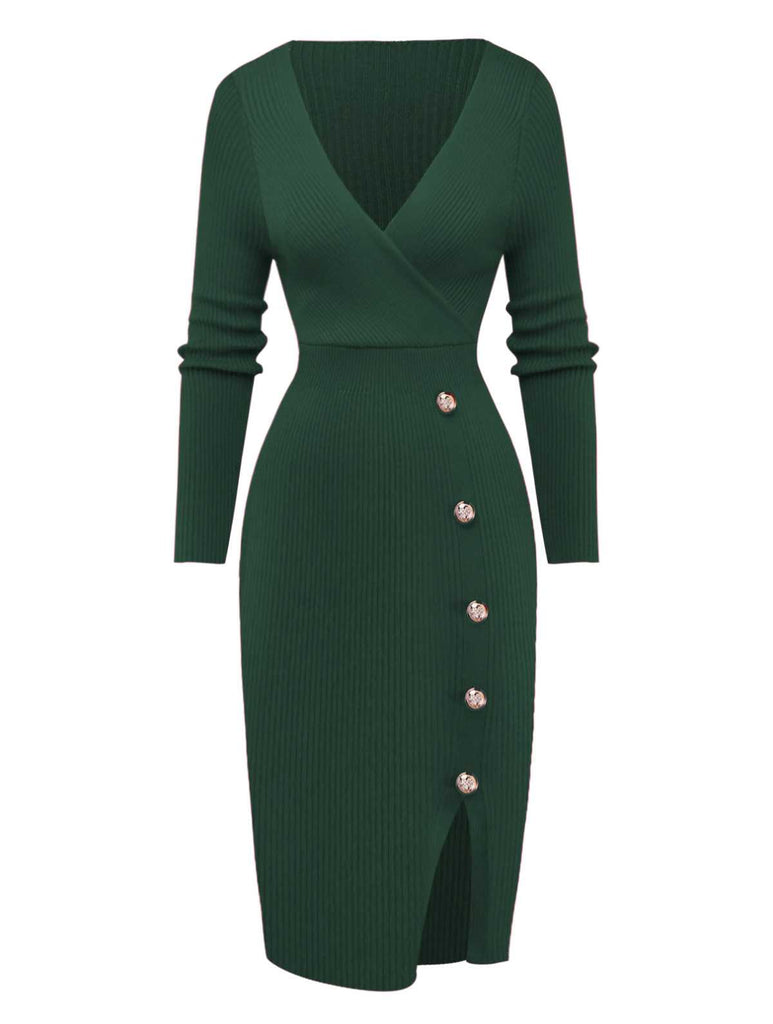 1960s V-Neck Ribbed Knit Button Bodycon Dress - vintage dress, retro fashion