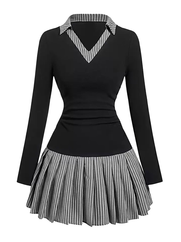 1960s V-Neck Striped Pleated Fake Two-Piece Dress - vintage dress, retro fashion