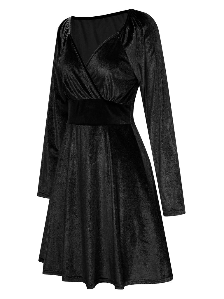 1960s V-Neck Velvet Long Sleeve A-Line Dress, vintage dress, retro fashion - perfect for women who love vintage and retro fashion