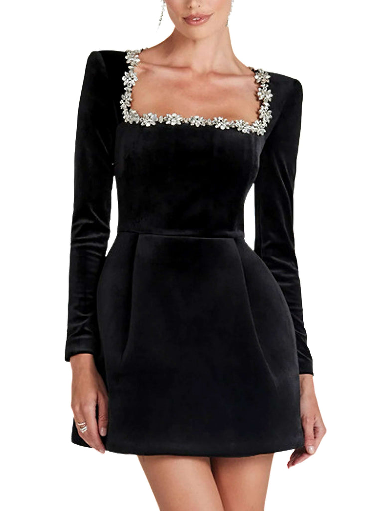 1960s Velvet Diamond Square Neck Dress - vintage dress, retro fashion