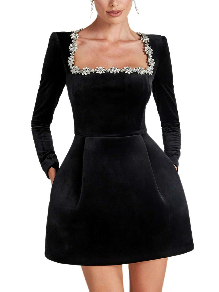 1960s Velvet Diamond Square Neck Dress - vintage dress, retro fashion
