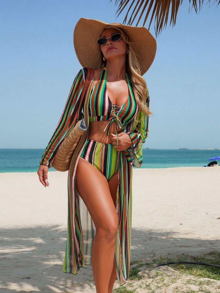 1960s Vertical Stripe Lace-Up Bikini Set & Cover-Up, vintage swimsuit, pin-up swimwear - perfect for women who love vintage and retro fashion