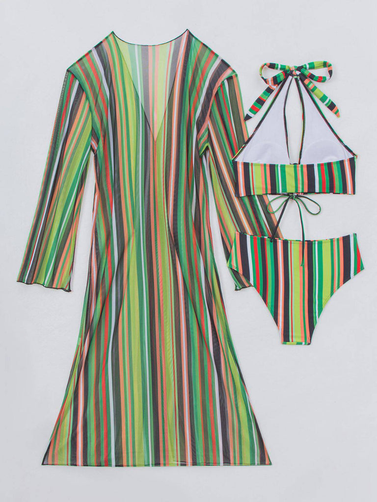 1960s Vertical Stripe Lace-Up Bikini Set & Cover-Up, vintage swimsuit, pin-up swimwear - perfect for women who love vintage and retro fashion