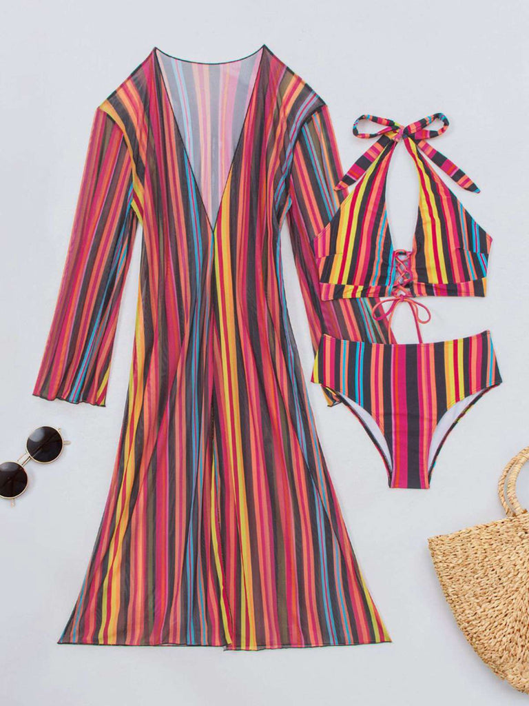 1960s Vertical Stripe Lace-Up Bikini Set & Cover-Up
