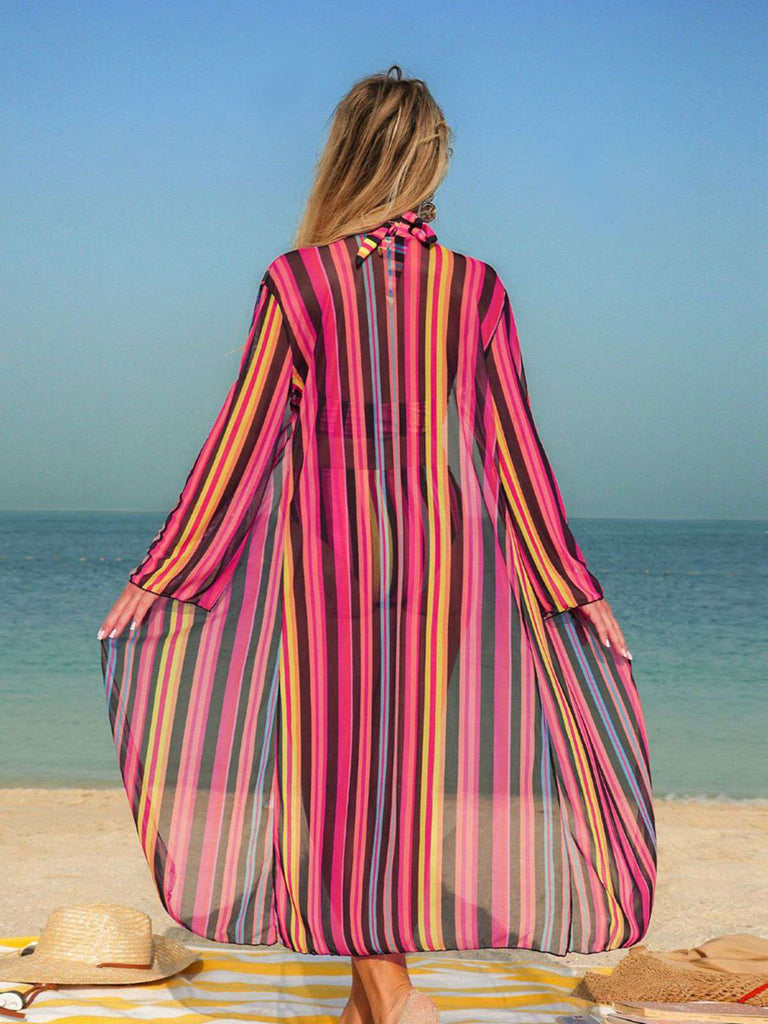 1960s Vertical Stripe Lace-Up Bikini Set & Cover-Up