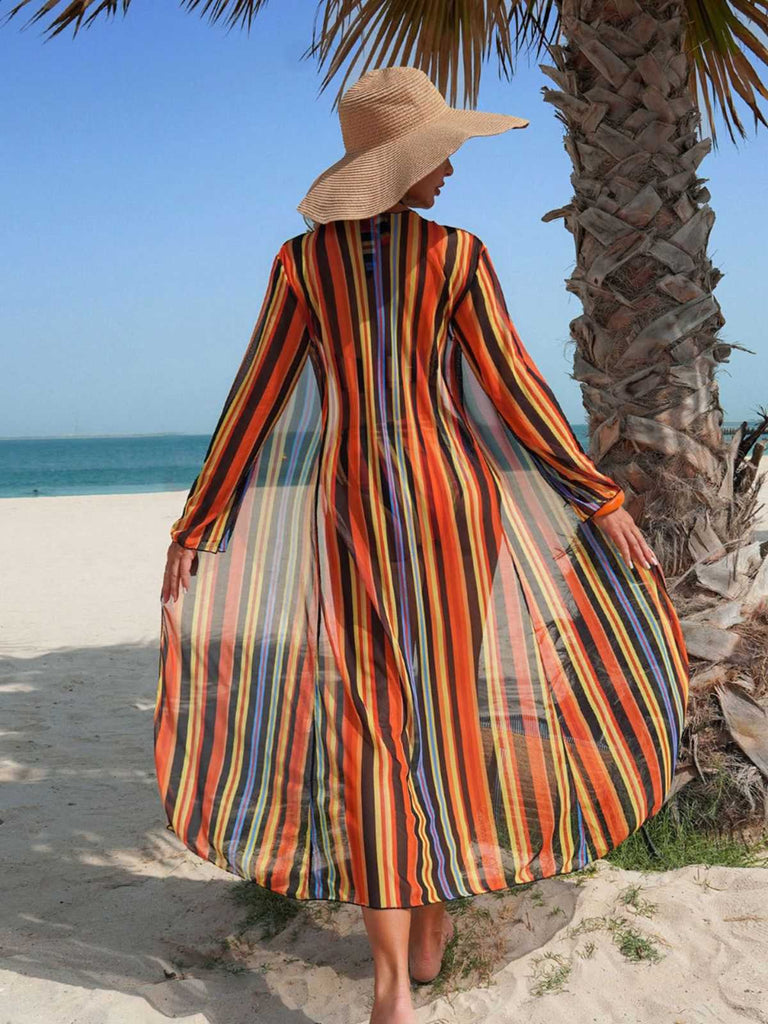 1960s Vertical Stripe Lace-Up Bikini Set & Cover-Up, vintage swimsuit, pin-up swimwear - perfect for women who love vintage and retro fashion