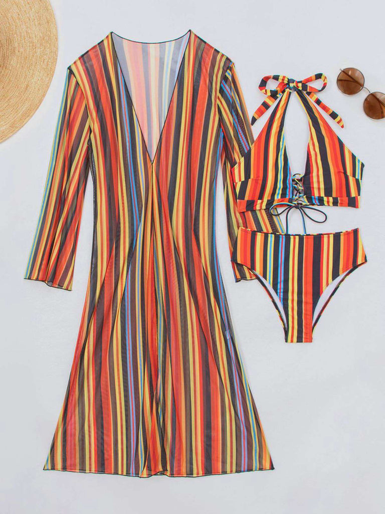 1960s Vertical Stripe Lace-Up Bikini Set & Cover-Up, vintage swimsuit, pin-up swimwear - perfect for women who love vintage and retro fashion