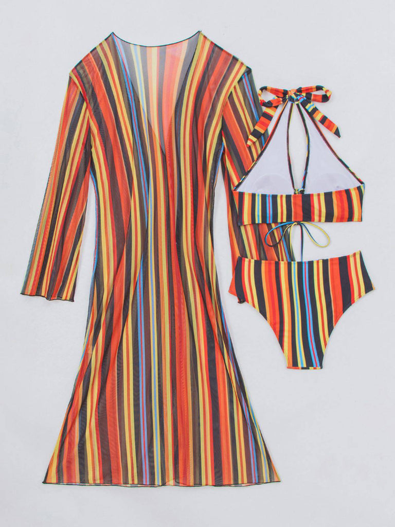 1960s Vertical Stripe Lace-Up Bikini Set & Cover-Up, vintage swimsuit, pin-up swimwear - perfect for women who love vintage and retro fashion