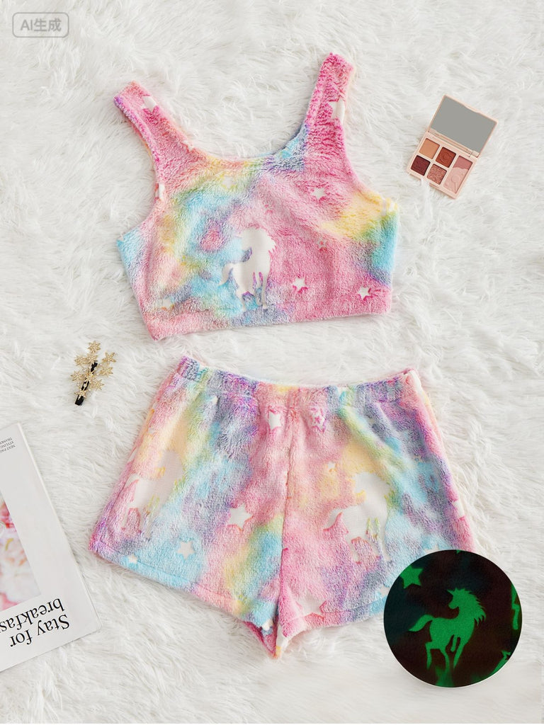 2PCS 1970s Glowing Colorful Print Flannel Pajama Set - vintage fashion, retro style