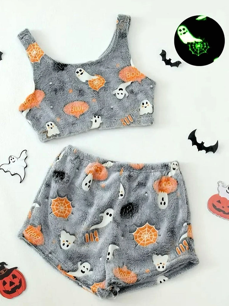 2PCS Grey 1970s Halloween Glowing Print Flannel Pajama Set - vintage fashion, retro style