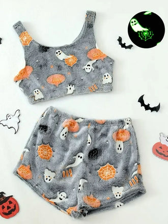2PCS Grey 1970s Halloween Glowing Print Flannel Pajama Set - vintage fashion, retro style