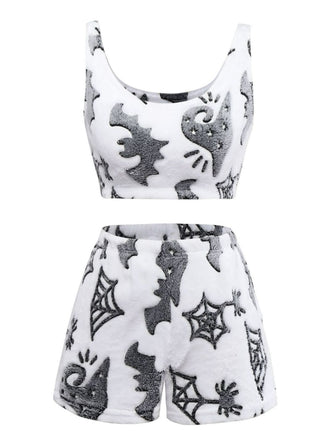2PCS White 1970s Glowing Halloween Spider Flannel Pajama Set - vintage fashion, retro style, pure white