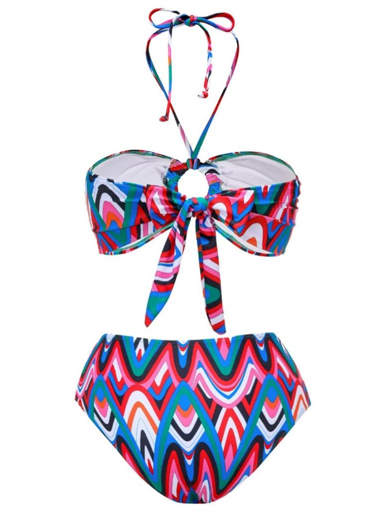 3PCS 1970s Fringe Print Lace-up Halter Bikini Set & Cover Up - vintage fashion, retro style