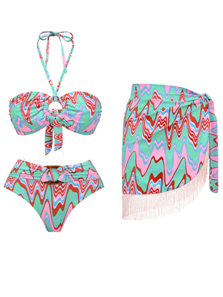 3PCS 1970s Fringe Print Lace-up Halter Bikini Set & Cover Up - vintage fashion, retro style