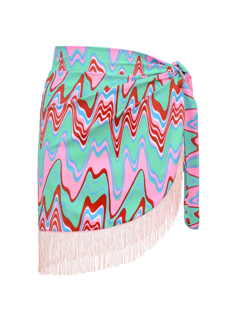 3PCS 1970s Fringe Print Lace-up Halter Bikini Set & Cover Up - vintage fashion, retro style