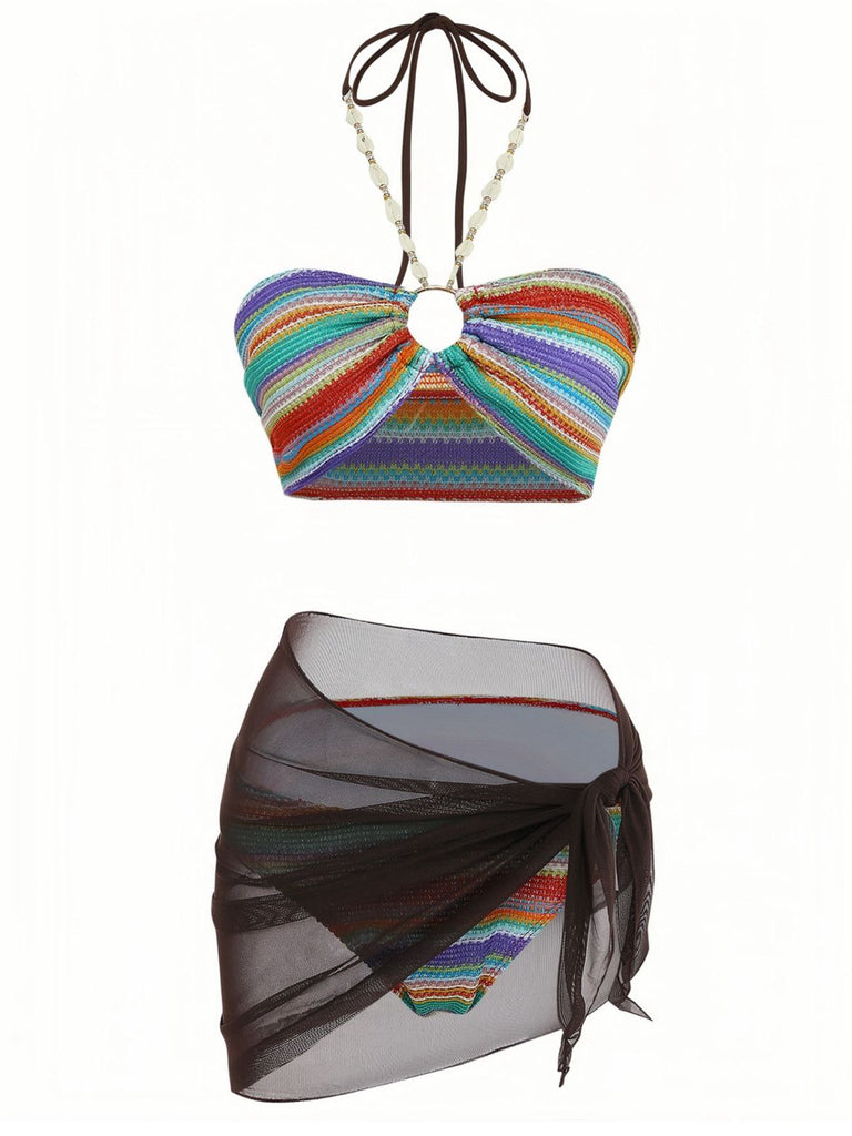 3PCS Multicolor 1970s Halter Rainbow Stripes Shell-Strap Bikini Set - vintage fashion, retro style