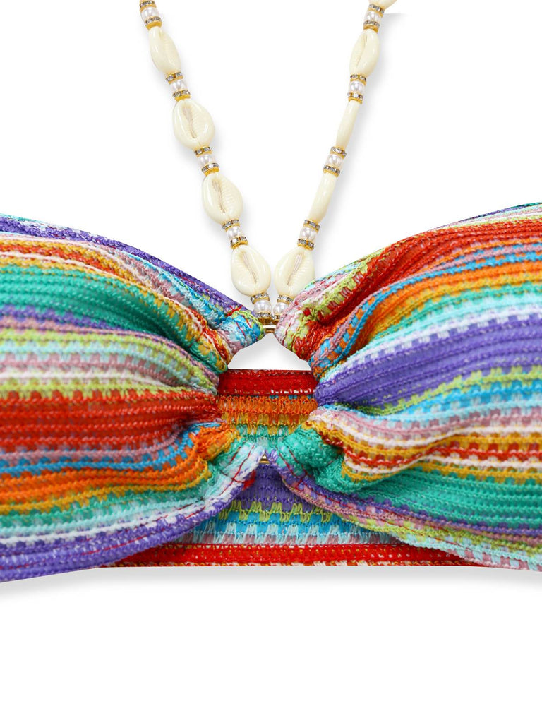 3PCS Multicolor 1970s Halter Rainbow Stripes Shell-Strap Bikini Set - vintage fashion, retro style