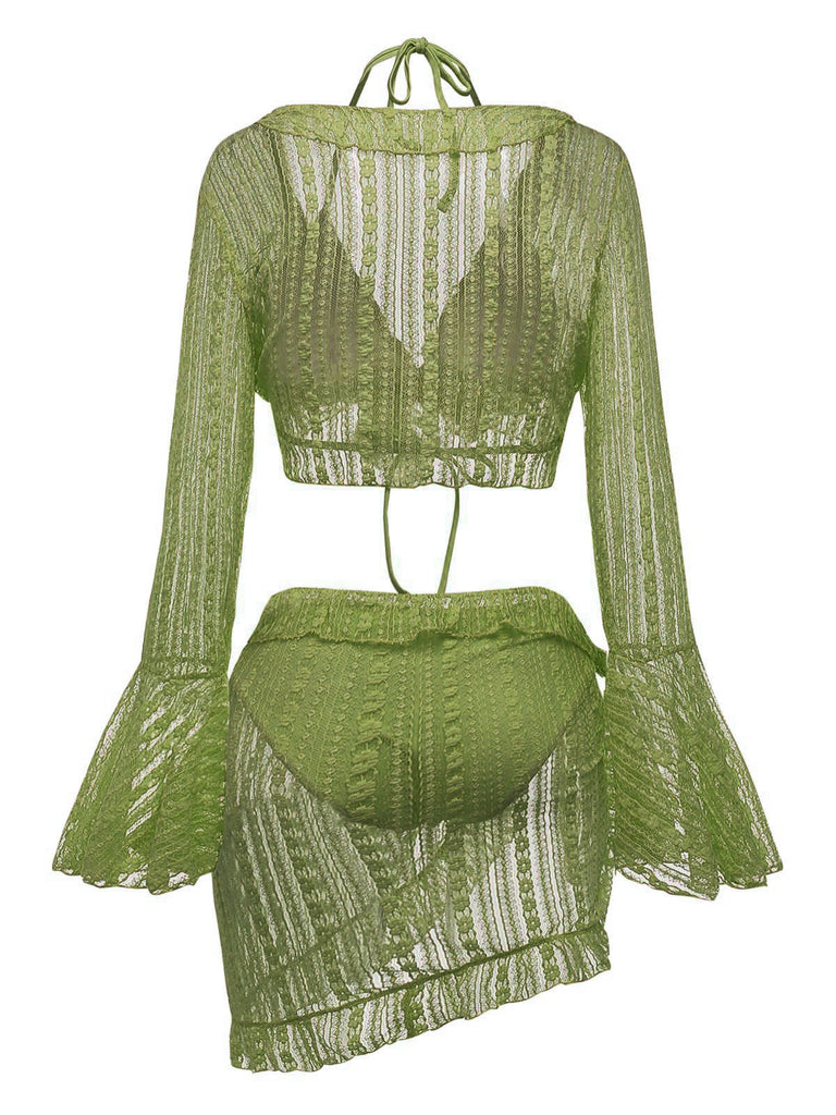 4PCS 1970s Halter Bikini Set & Sheer Bell Sleeve Cover-Up - vintage fashion, retro style