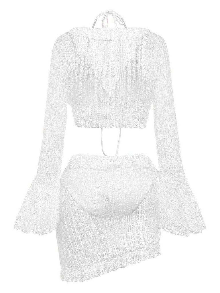 4PCS 1970s Halter Bikini Set & Sheer Bell Sleeve Cover-Up - vintage fashion, retro style