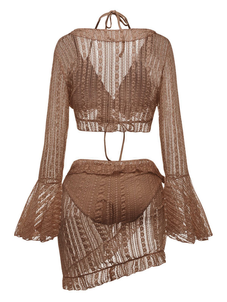 4PCS 1970s Halter Bikini Set & Sheer Bell Sleeve Cover-Up - vintage fashion, retro style