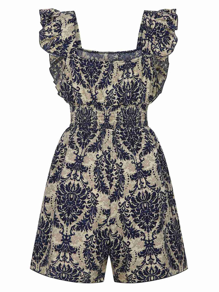 1970s Baroque Prints Square Neck Ruffles Romper, vintage romper, retro jumpsuit - perfect for women who love vintage and retro fashion