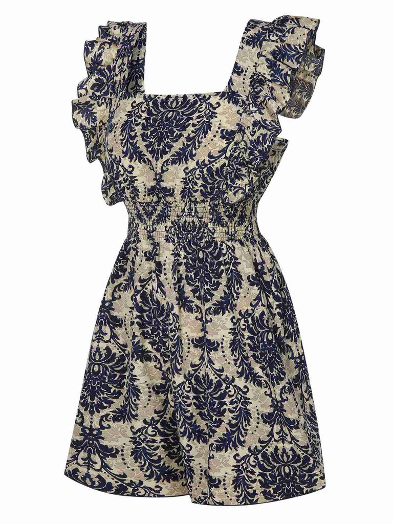 1970s Baroque Prints Square Neck Ruffles Romper, vintage romper, retro jumpsuit - perfect for women who love vintage and retro fashion