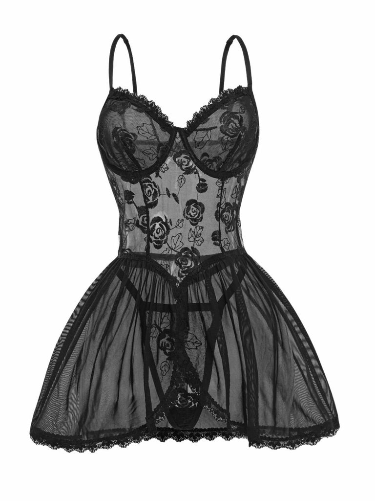 Black 1970s Rose Sheer Lace Suspender Babydoll Nightdress - vintage dress, retro fashion, classic black