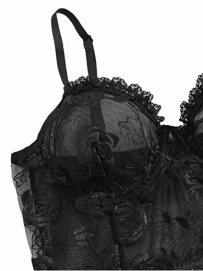 Black 1970s Rose Sheer Lace Suspender Babydoll Nightdress - vintage dress, retro fashion, classic black