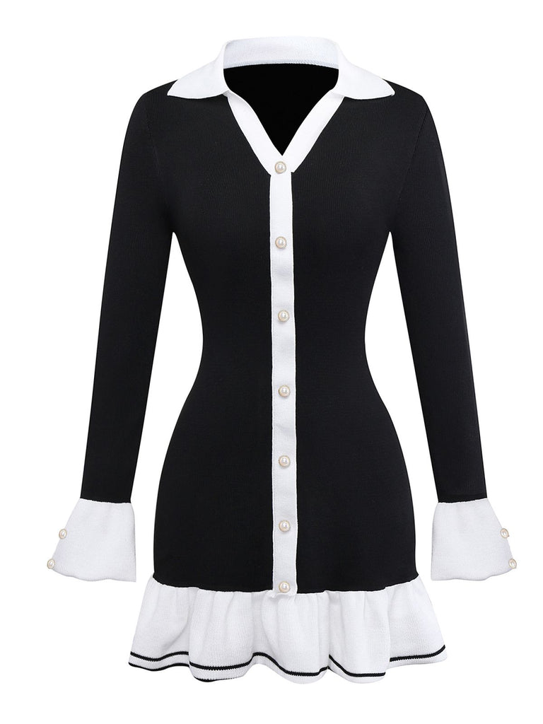 1970s Black & White Contrast Knitted Ruffle Dress - vintage dress, retro fashion, classic black