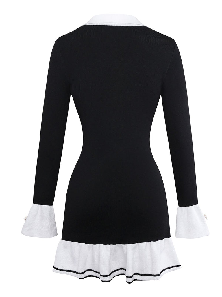 1970s Black & White Contrast Knitted Ruffle Dress - vintage dress, retro fashion, classic black