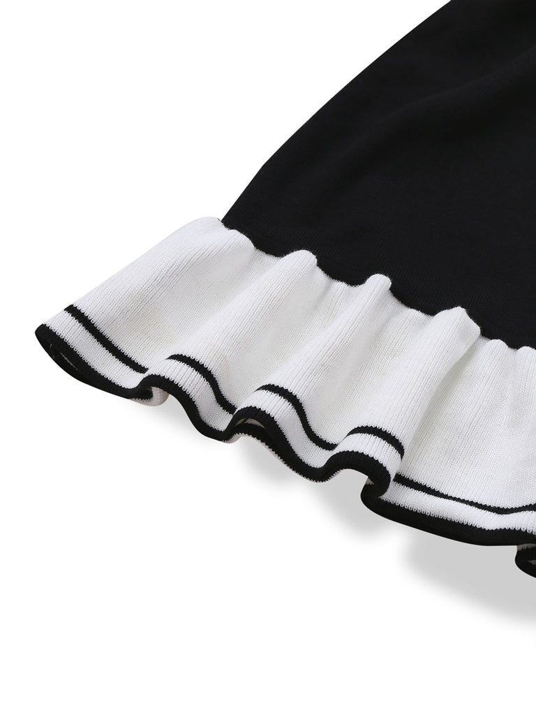 1970s Black & White Contrast Knitted Ruffle Dress - vintage dress, retro fashion, classic black