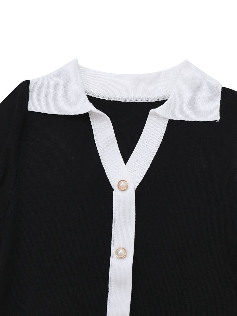 1970s Black & White Contrast Knitted Ruffle Dress - vintage dress, retro fashion, classic black