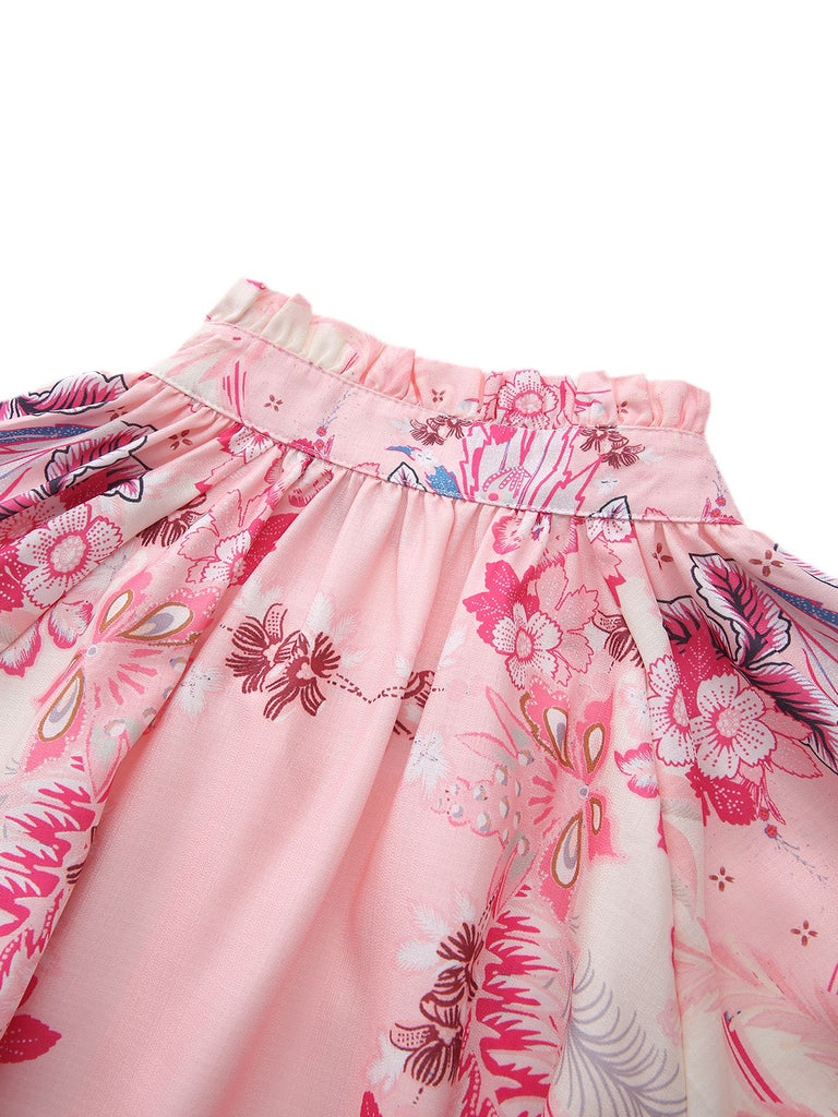 2PCS Pink 1970s Bohemian Floral Blouse & High-Waisted Shorts - vintage fashion, retro style