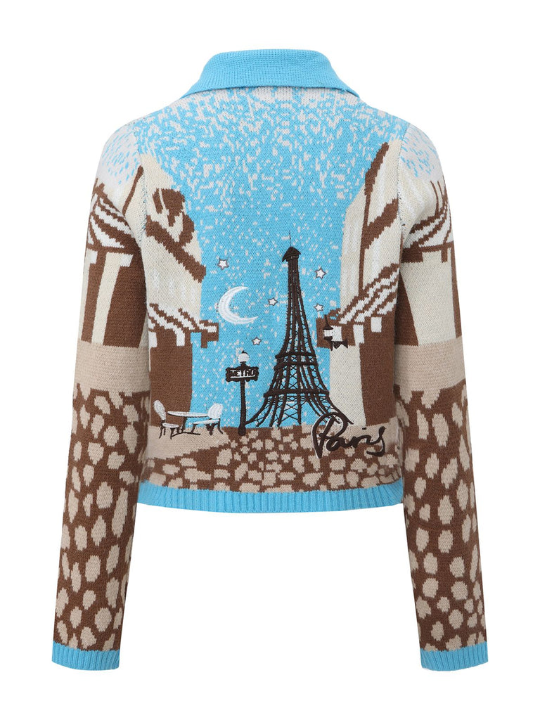 Blue 1970s Landscape Print Lapel Knit Cardigan Sweater - vintage fashion, retro style
